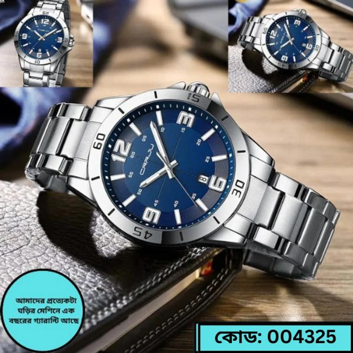 CRRJU MODEL 5003 Man’s Premium Quality Watch Silver Chain Dial Blue Cooler Man Watch date shoho