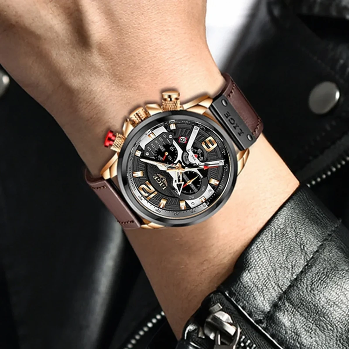 LIGE WATCH MODEL -  8917 BELT COFFI COOLER DIAL BLACK Luxury Sports Leather Chronograph Men's Wrist Watches