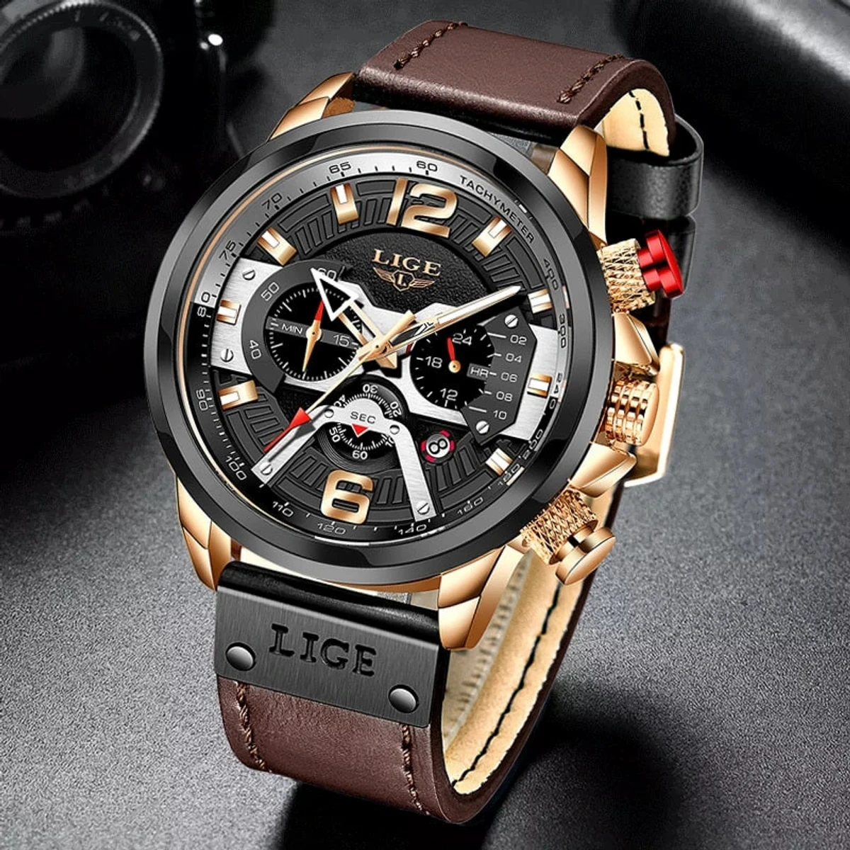 LIGE WATCH MODEL -  8917 BELT COFFI COOLER DIAL BLACK Luxury Sports Leather Chronograph Men's Wrist Watches