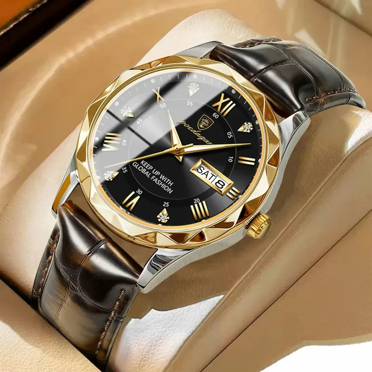 POEDAGAR 615 WATCH BELT BROWN ROUND GOLDEN DIAL BLACK COLOUR WATCH