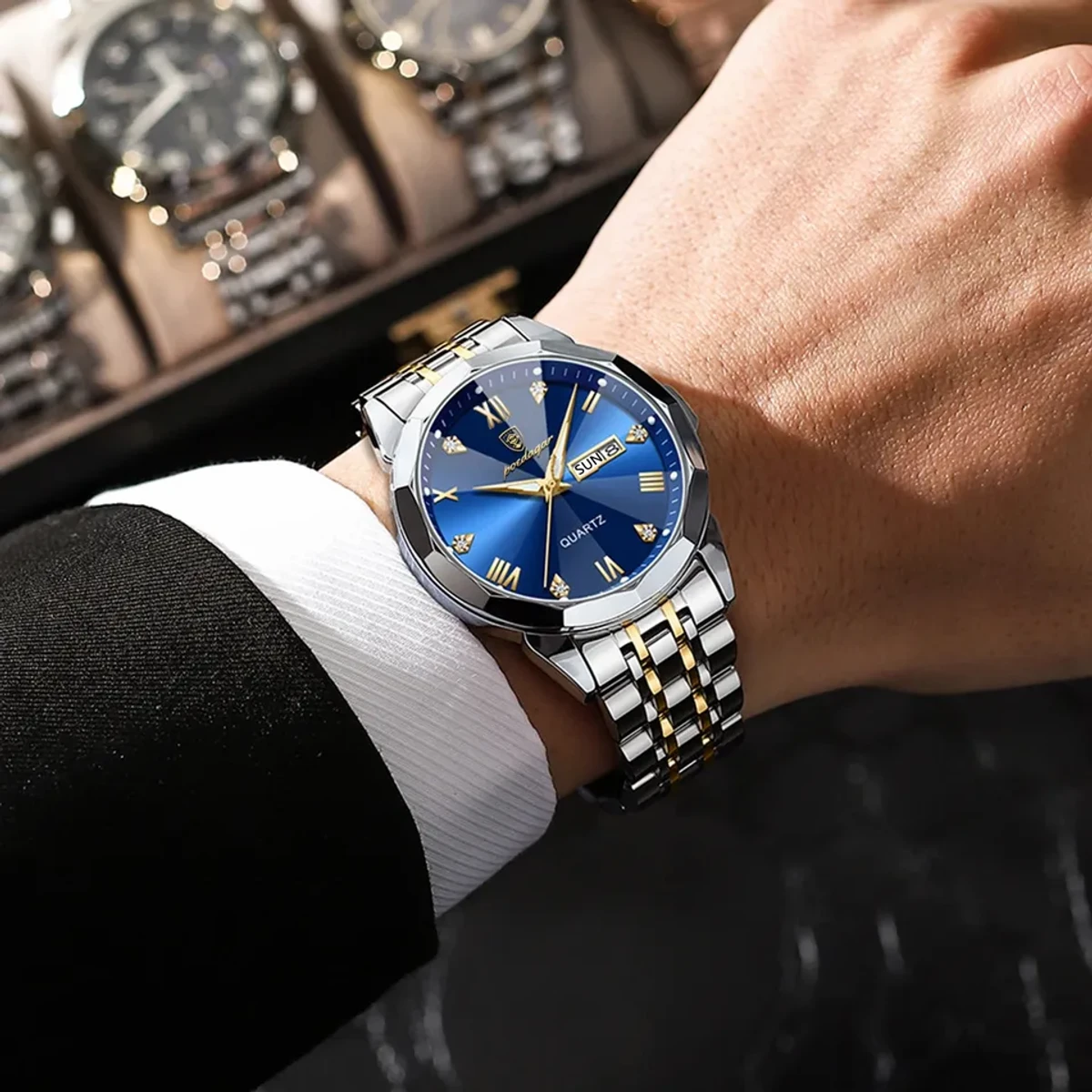 POEDAGAR Luxury Men Watches Business Top Brand Man Wristwatch Waterproof Luminous Date Week Quartz Men's Watch High Quality+Box - Poydagor Model 810 Toton Ar Dial Blue New Model Number 810