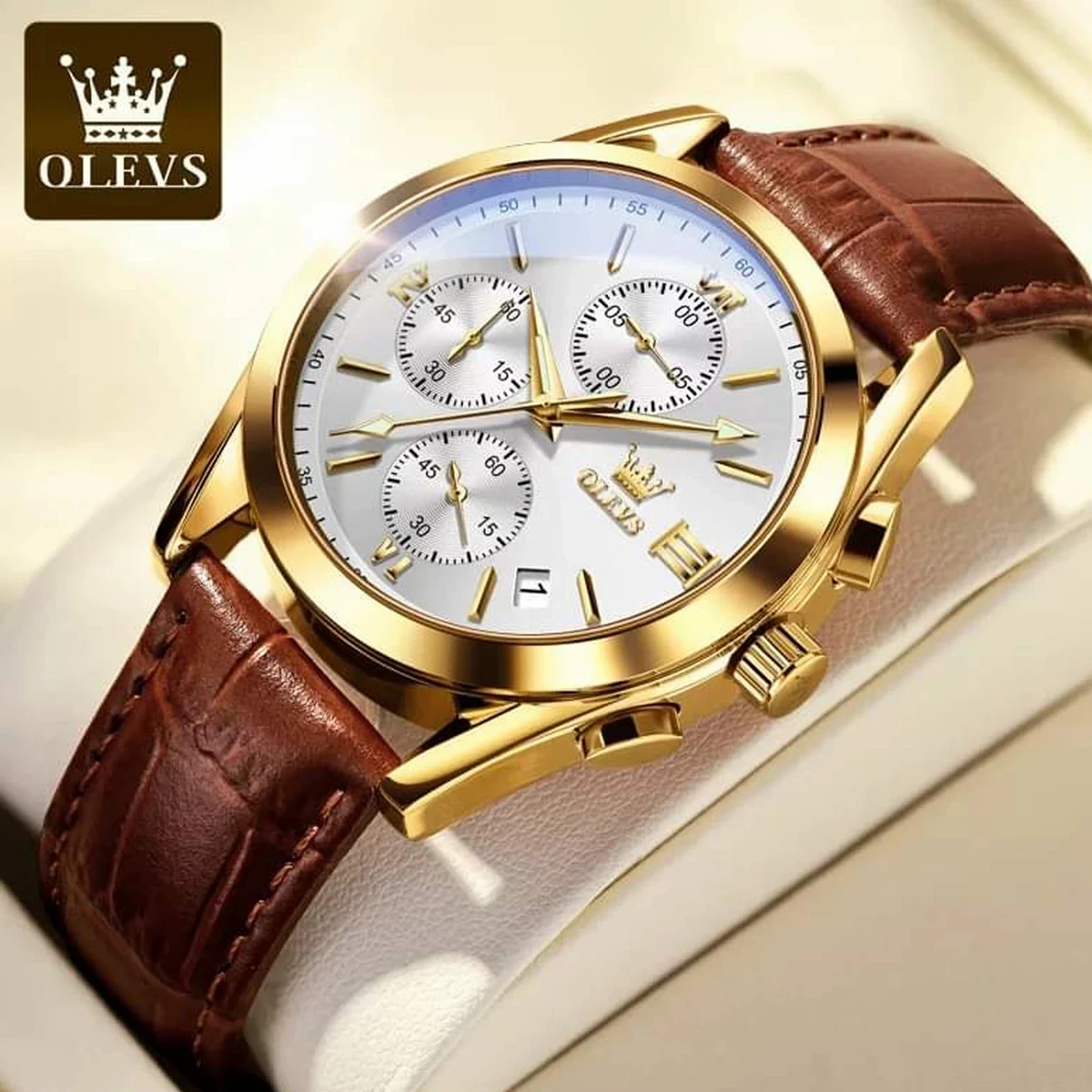 OLEVS WATCH MODEL 2872 BELT BROWN DIAL WHITE COLOUR  WATCH FOR MEN + এক পিস ব্যাটারি ফ্রি।