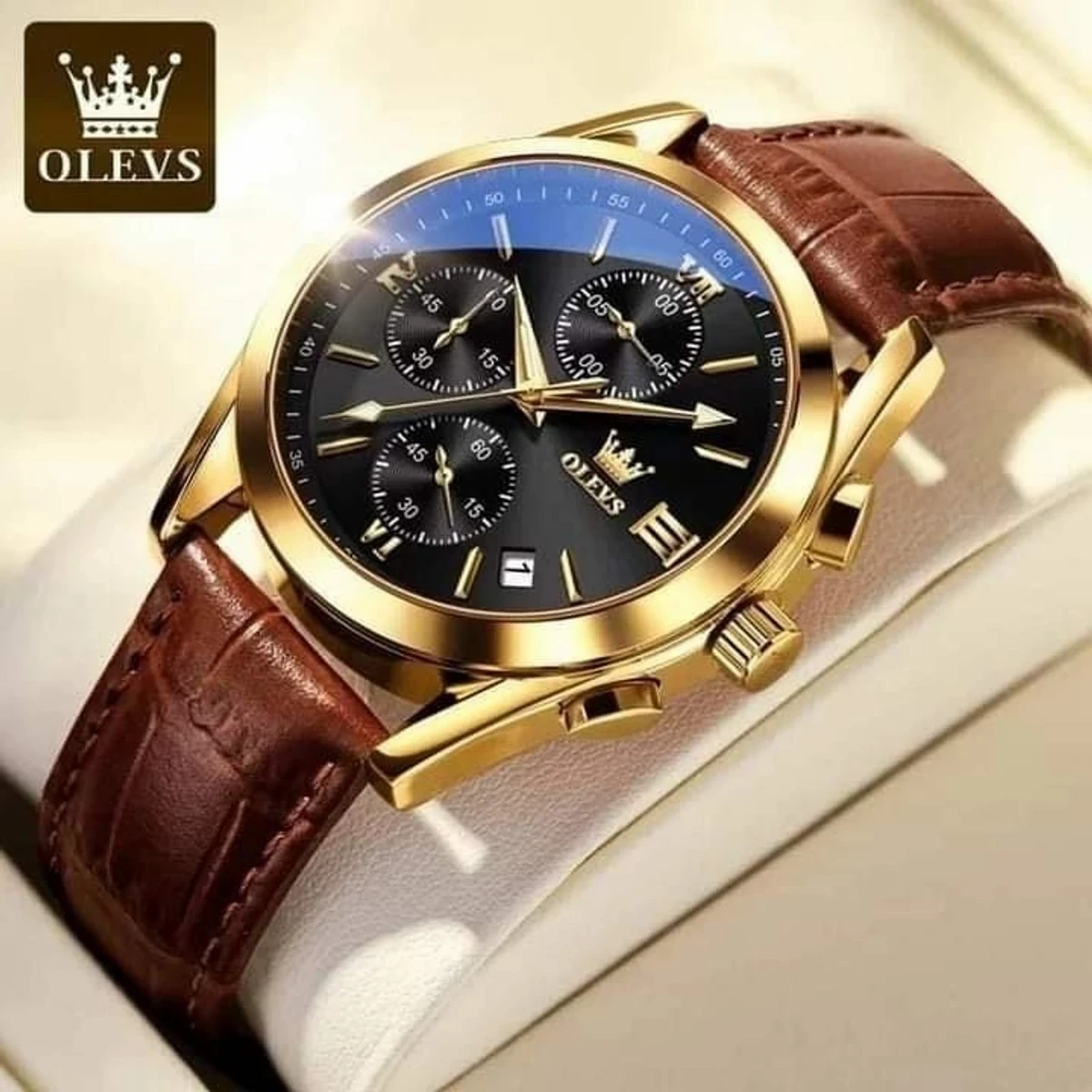 OLEVS WATCH MODEL 2872 BELT BROWN DIAL BLACK WATCH  FOR MEN + এক পিস ব্যাটারি ফ্রি।
