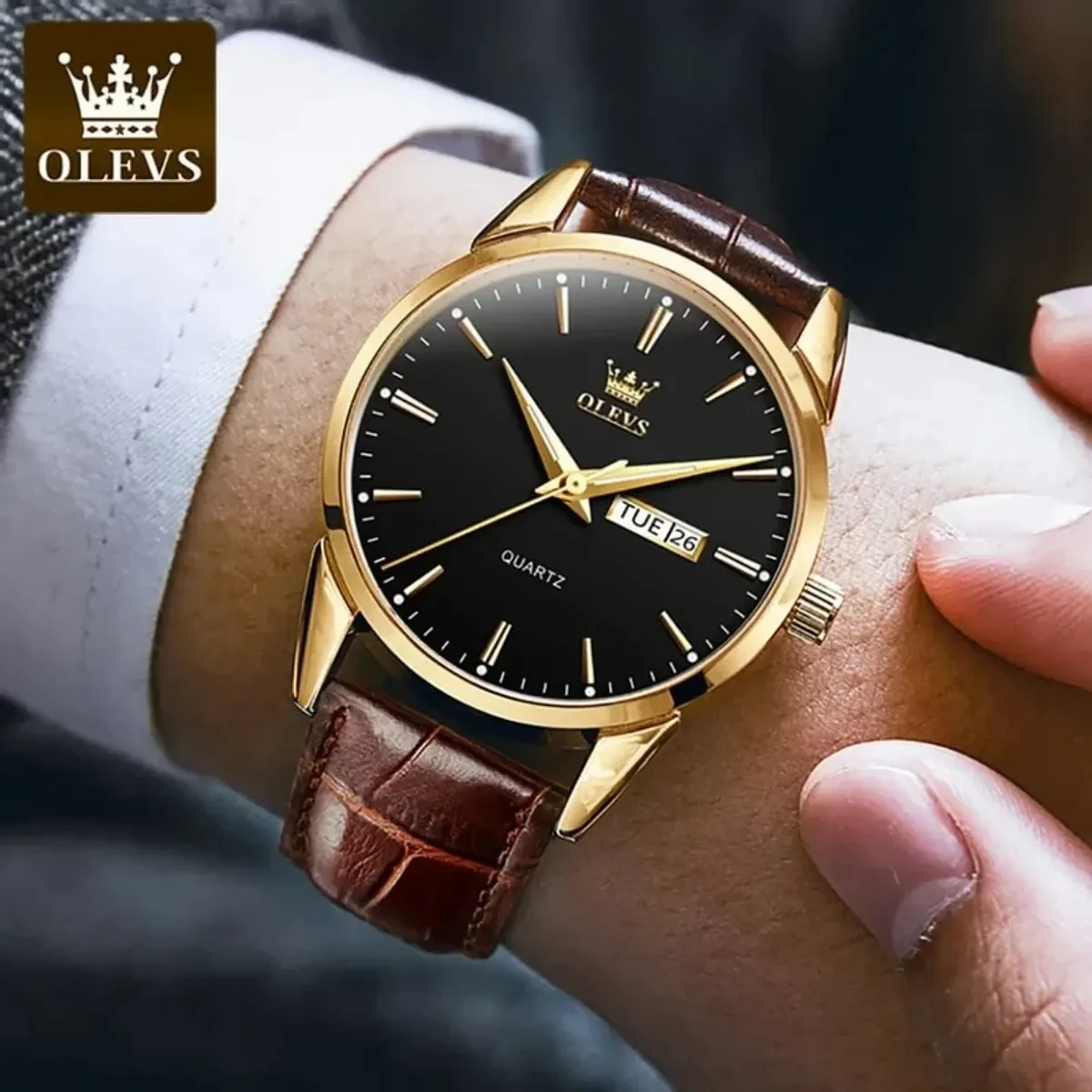 OLEVS WATCH MODEL 6898  BELT BROWN DIAL BLACK COLOUR WATCH FOR MEN
