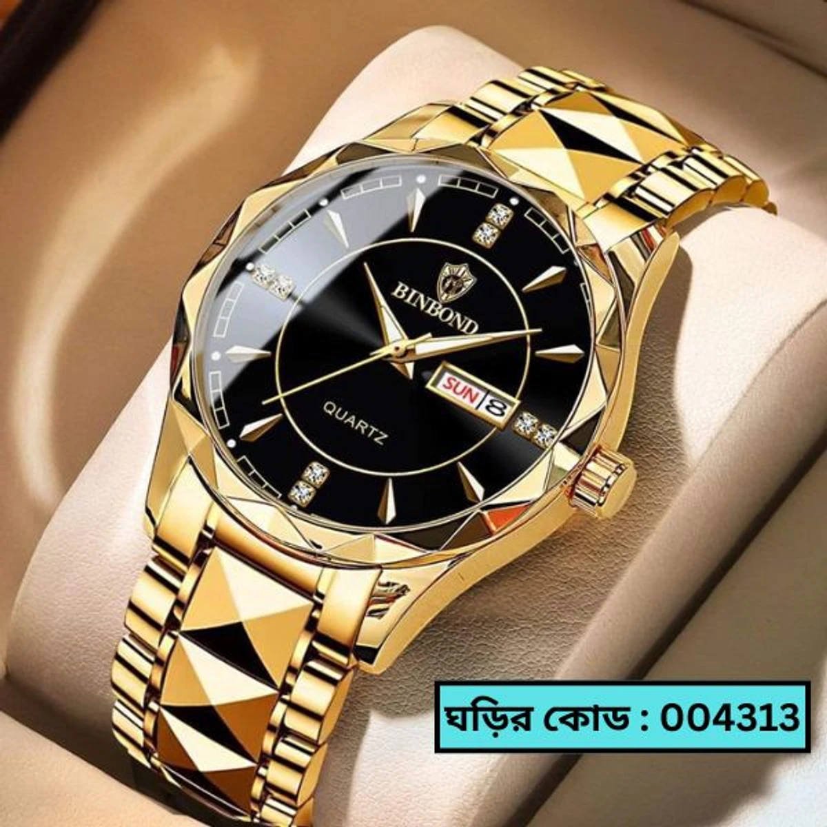 Luxury Binbond Stainless Steel Classic Waterproof Watch for Men - Man Binbond MODEL 2024 dimond card Degain GOLDEN CHAIN DIAL BLACK WATCH