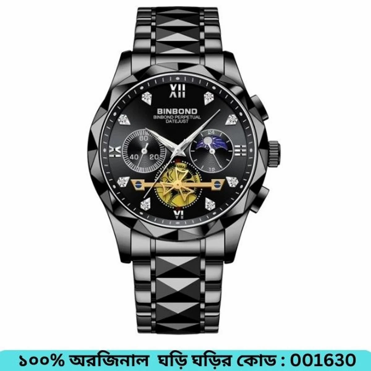 New Luxury Binbond Brand Men's Luminous Watches Stainless Steel Waterproof BINBOND Chronograph watch FULL BLACK COOLER