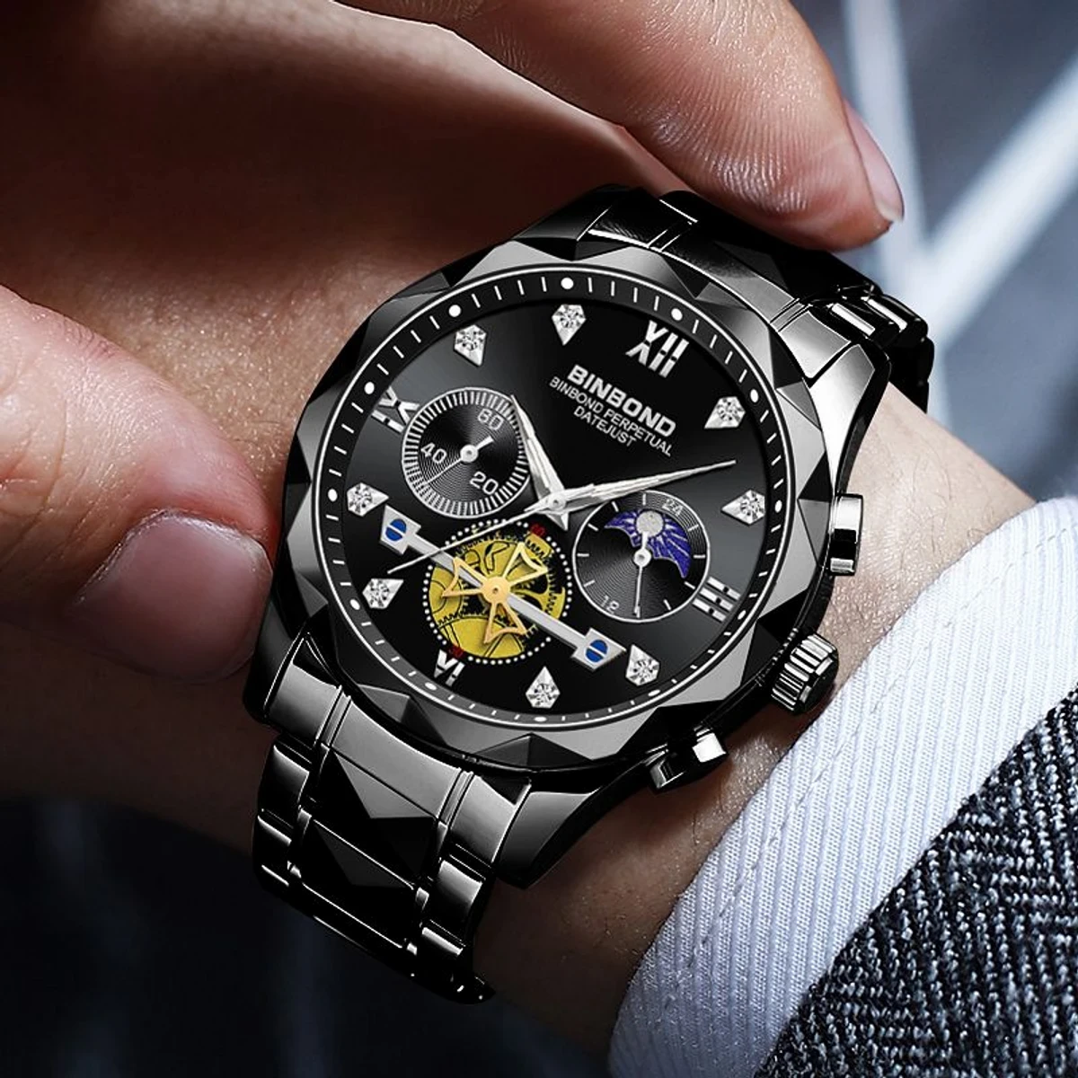 New Luxury Binbond Brand Men's Luminous Watches Stainless Steel Waterproof BINBOND Chronograph watch FULL BLACK COOLER