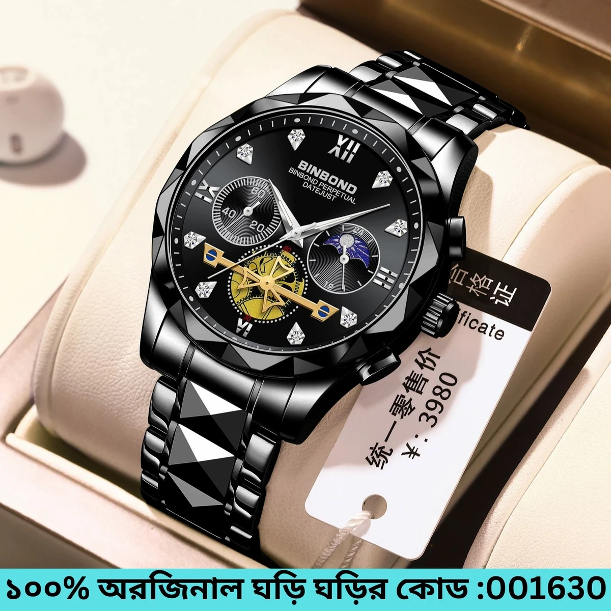 New Luxury Binbond Brand Men's Luminous Watches Stainless Steel Waterproof BINBOND Chronograph watch FULL BLACK COOLER