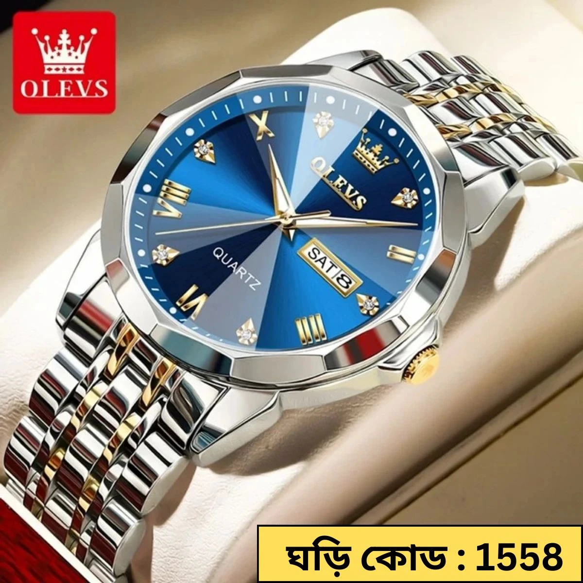 OLEVS WATCH MODEL - 9931 TOTON AR DIAL BLUE - MAN WATCH LOCK PUSH + এক পিস ব্যাটারি ফ্রি।