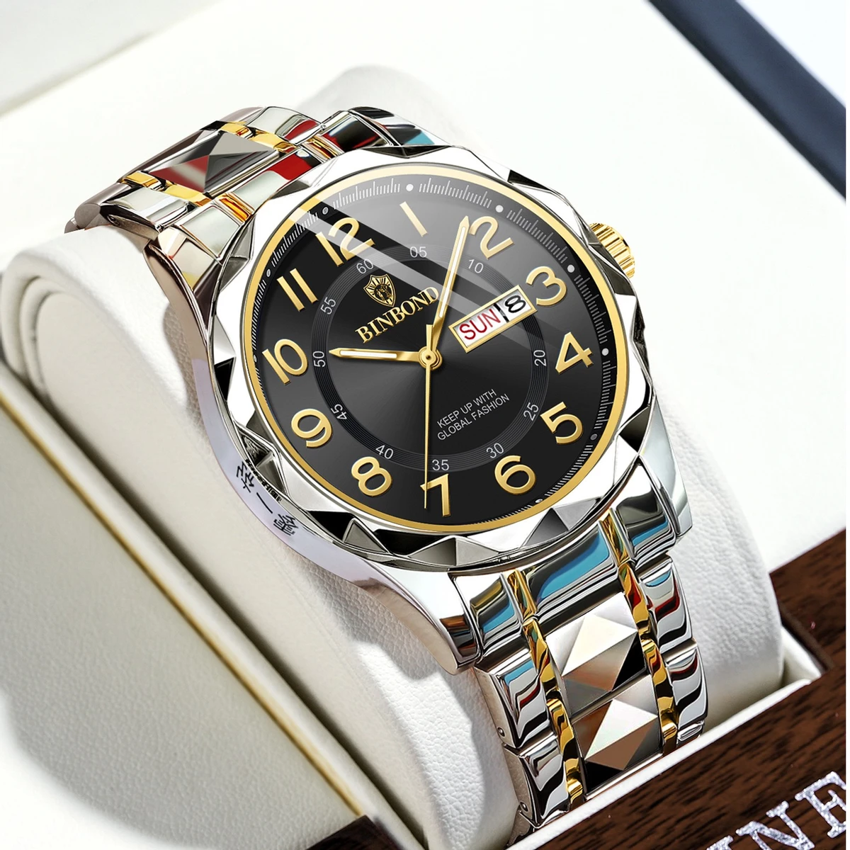Luxury Binbond Dimon card Digain Stainless Steel Classic Waterproof Watch BINBOND MODEL 5663 CHAIN  TOTON AR DIAL BLACK  COOLER WATCH FOR MAN