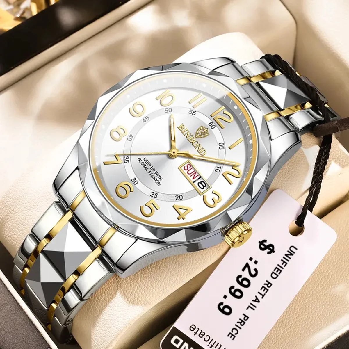 Luxury Binbond Dimon card Digain Stainless Steel Classic Waterproof Watch BINBOND MODEL 5663 CHAIN TOTON AR DIAL WHITE  COOLER WATCH FOR MAN