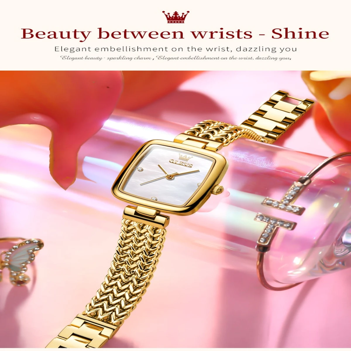 OLEVS WOMEN WATCH MODEL 9948 Square Fashion Ultra-Thin Quartz Watch - COOLER GOLDEN CHAI DIAL WHITE STON 3TA