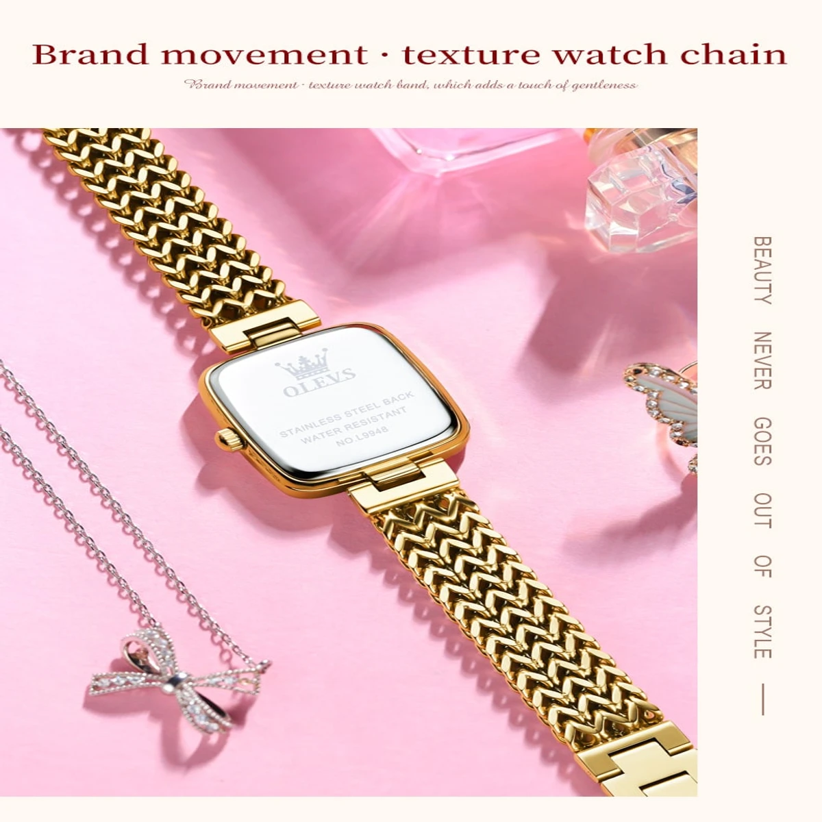 OLEVS WOMEN WATCH MODEL 9948 Square Fashion Ultra-Thin Quartz Watch - COOLER GOLDEN CHAI DIAL BLUE  STON  3TA
