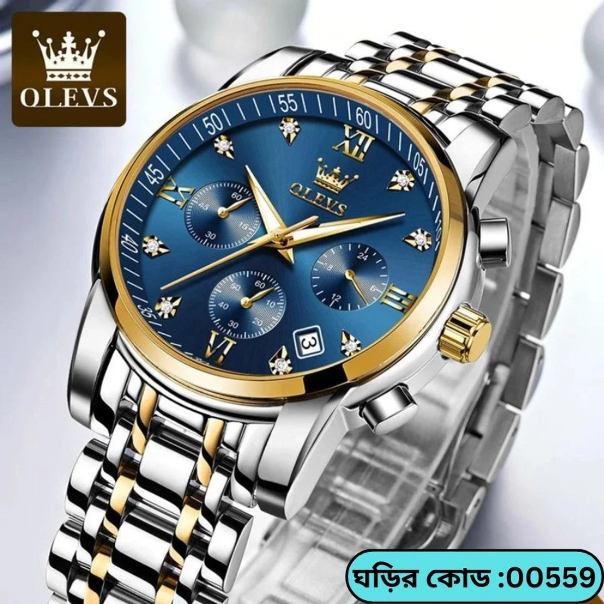 OLEVS MODEL WATCH MODEL  2858 TOTON AR DIAL BLUE  ROUND GOLDEN - MAN WATCH