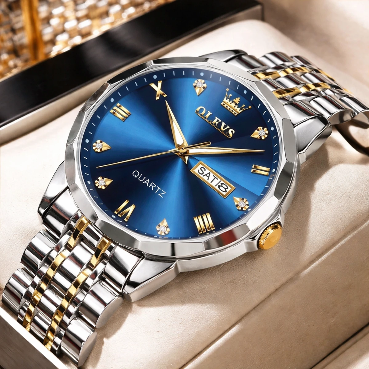 OLEVS  WATCH MODEL - 9931 TOTON AR DIAL BLUE - MAN WATCH LOCK PUSH + এক পিস ব্যাটারি ফ্রি