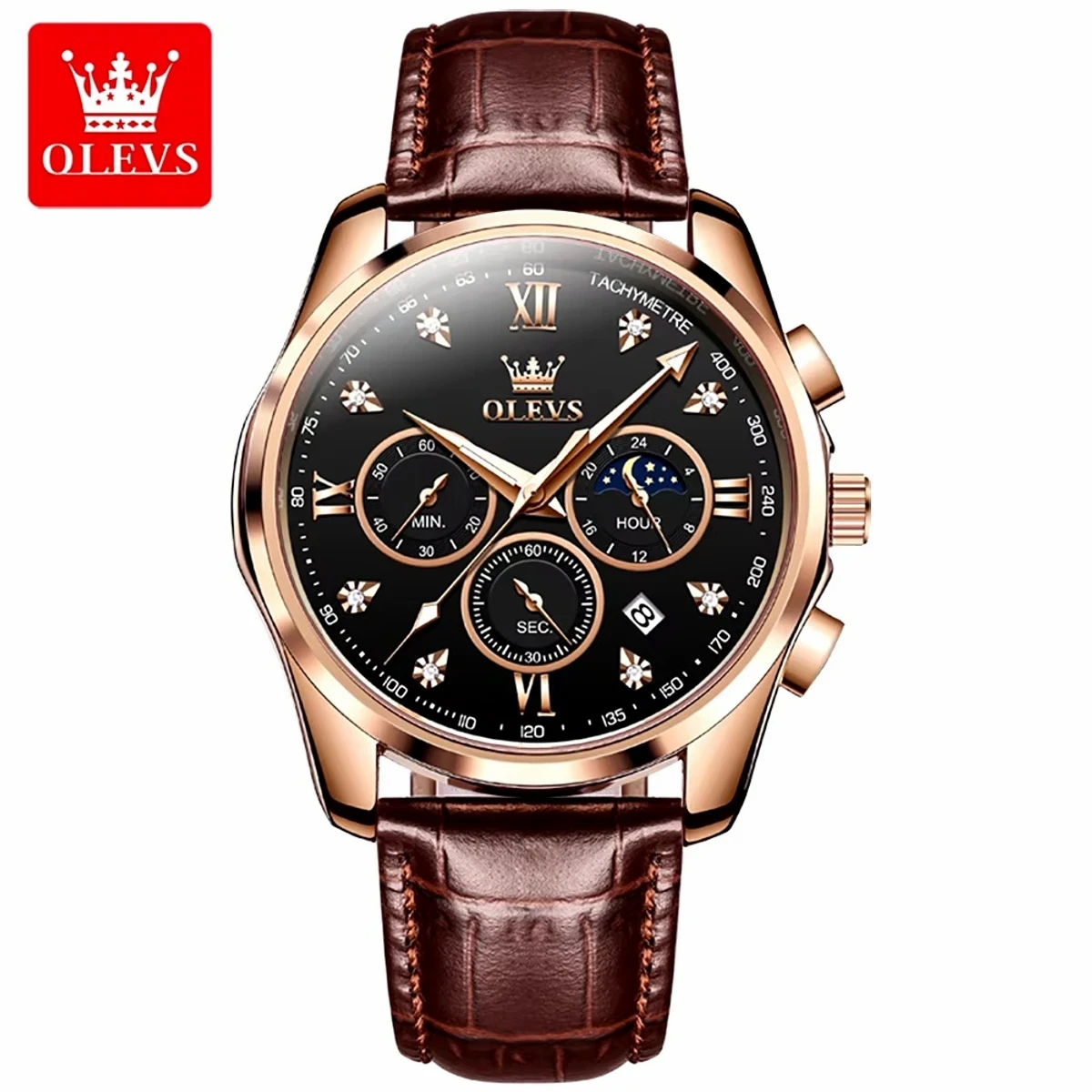 OLEVS WATCH MODEL 2888 BELT BROWN DIAL BLACK FOR MEN WATCH + এক পিস ব্যাটারি ফ্রি