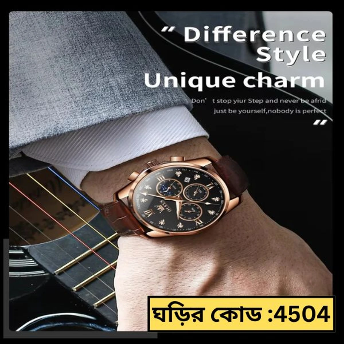 OLEVS WATCH MODEL 2888 BELT BROWN DIAL BLACK FOR MEN WATCH + এক পিস ব্যাটারি ফ্রি