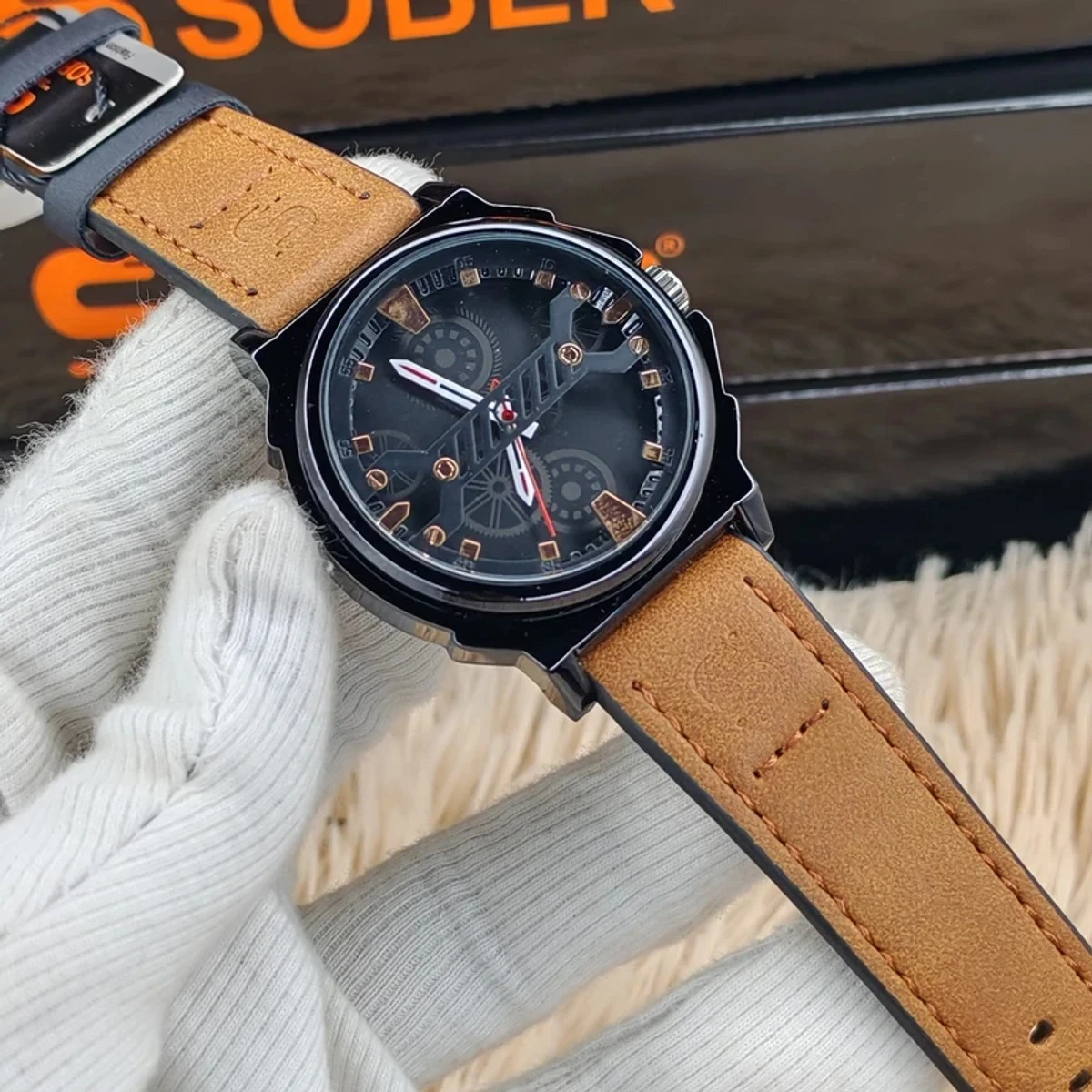 Sober Watch Model 980 Premium Watch Belt Brown Dial Black Colour Watch For Man + এক পিস ব্যাটারি ফ্রি।