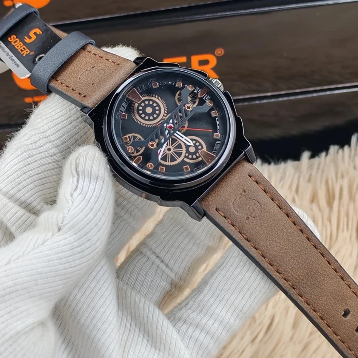 Sober Watch Model 980 Premium Watch Belt Coffee Dial Black Colour Watch For Man + এক পিস ব্যাটারি ফ্রি।