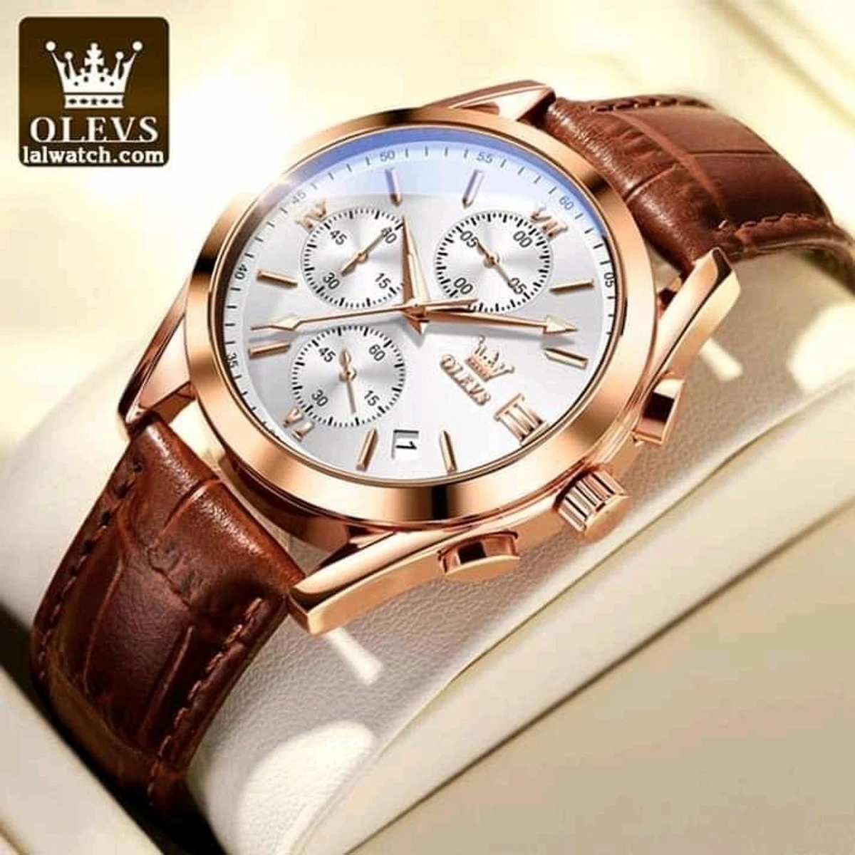 OLEVS WATCH MODEL 2872 FASHION WATCH FOR MEN BELT BROWN ROUND ROSE GOLDEN DIAL WHITE COLOUR WATCH FOR MEN + এক পিস ব্যাটারি ফ্রি।