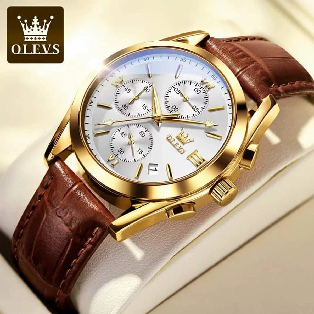 OLEVS WATCH MODEL 2872 FASHION WATCH FOR MEN BELT BROWN ROUND GOLDEN DIAL WHITE WATCH FOR MEN + এক পিস ব্যাটারি ফ্রি।