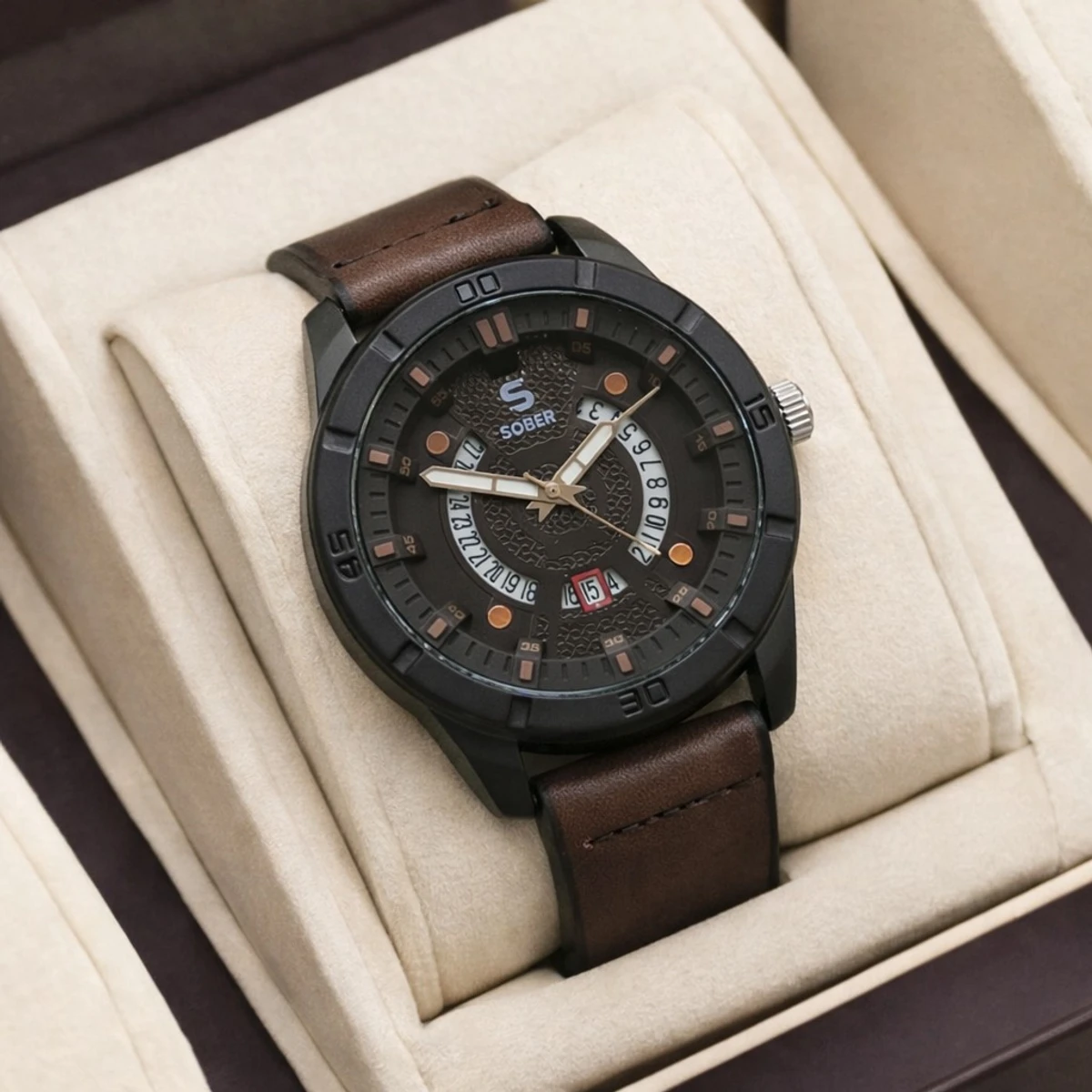Sober Watch Model 995 Premium Watch Belt Coffee Dial Black Colour Watch For Man + এক পিস ব্যাটারি ফ্রি।