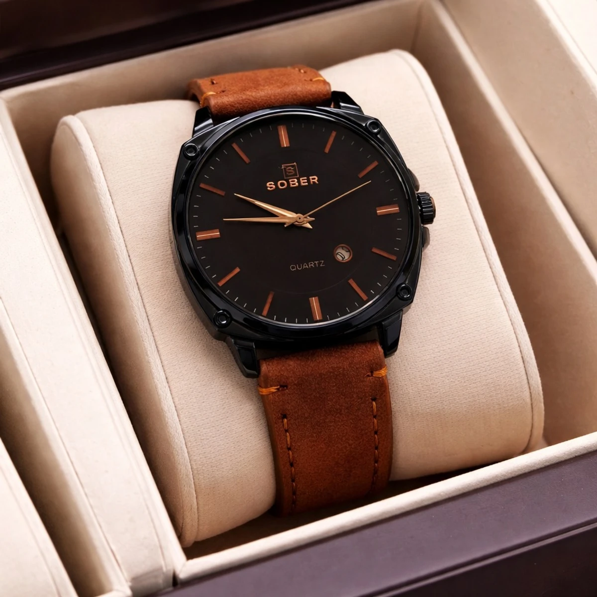 Sober Watch Model 985 Premium Watch Belt Brown Dial Black Colour Watch For Man + এক পিস ব্যাটারি ফ্রি।