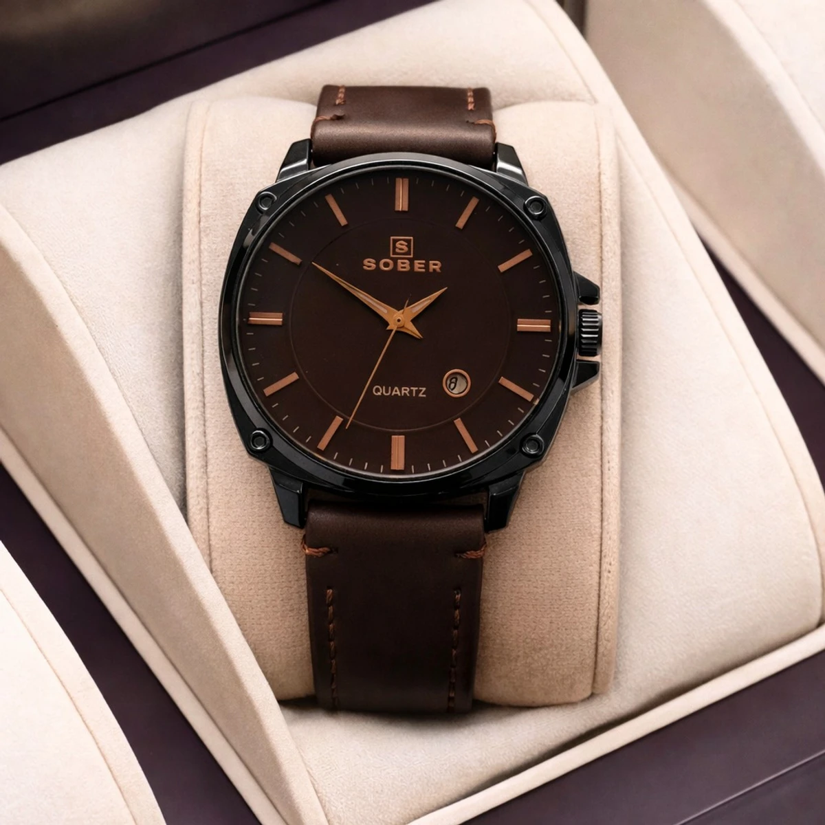 Sober Watch Model 985 Premium Watch Belt Coffe Dial Coffe Colour Watch For Man + এক পিস ব্যাটারি ফ্রি।