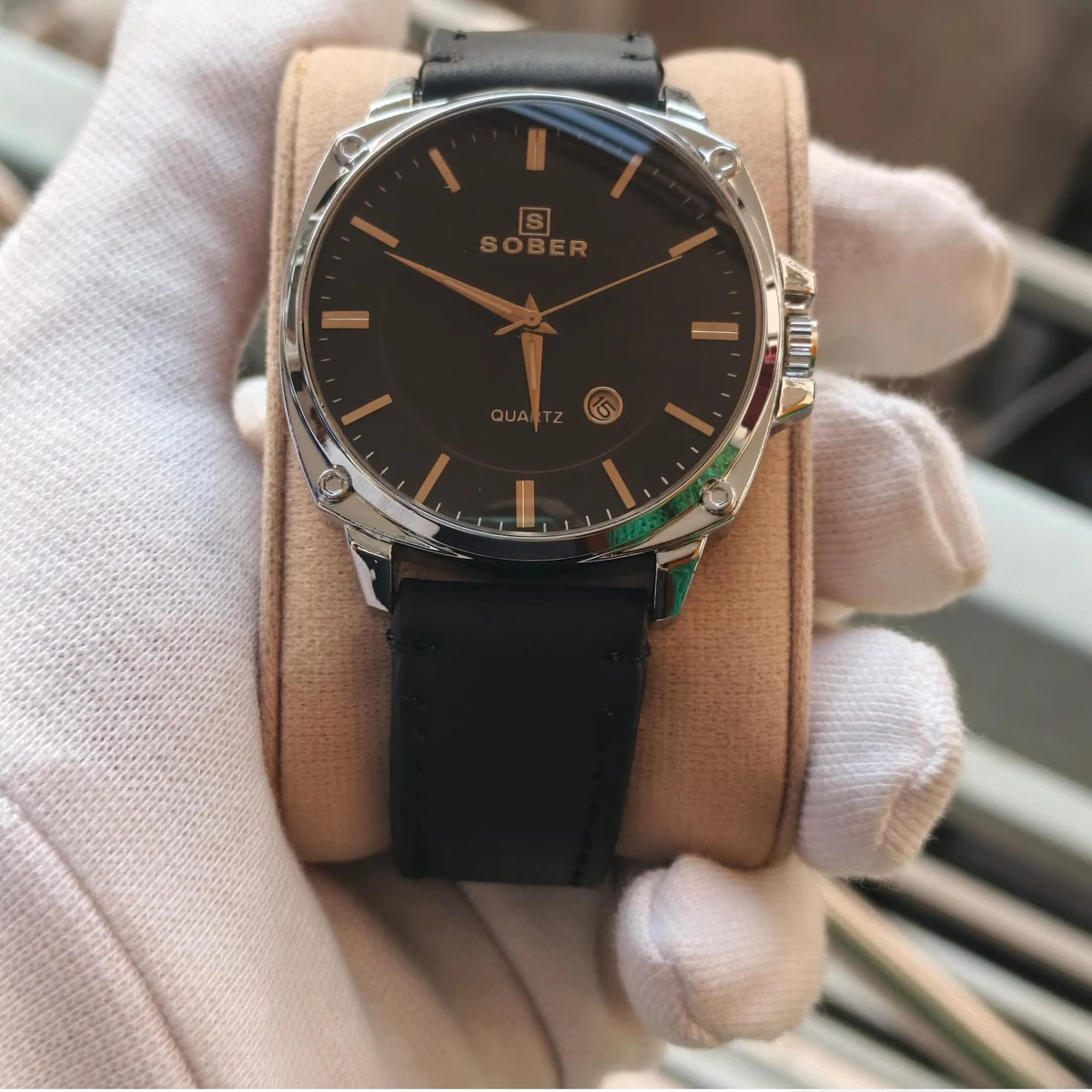 Sober Watch Model 985 Premium Watch Belt Black Round White  Dial Black Colour Watch For Man + এক পিস ব্যাটারি ফ্রি।