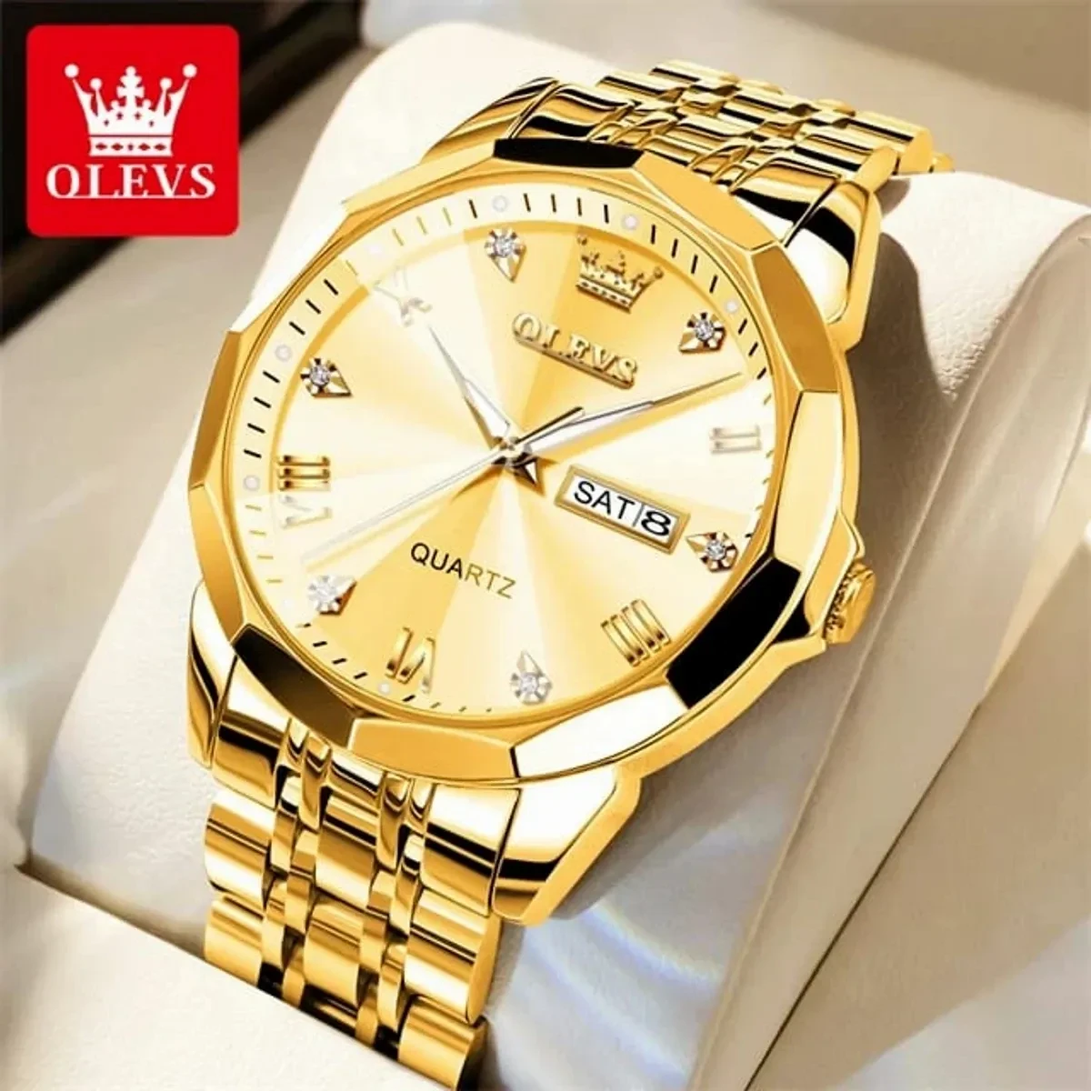 OLEVS  WATCH MODEL 9931 FULL GOLDEN- MAN WATCH - LOCK PUSH + এক পিস ব্যাটারি ফ্রি।