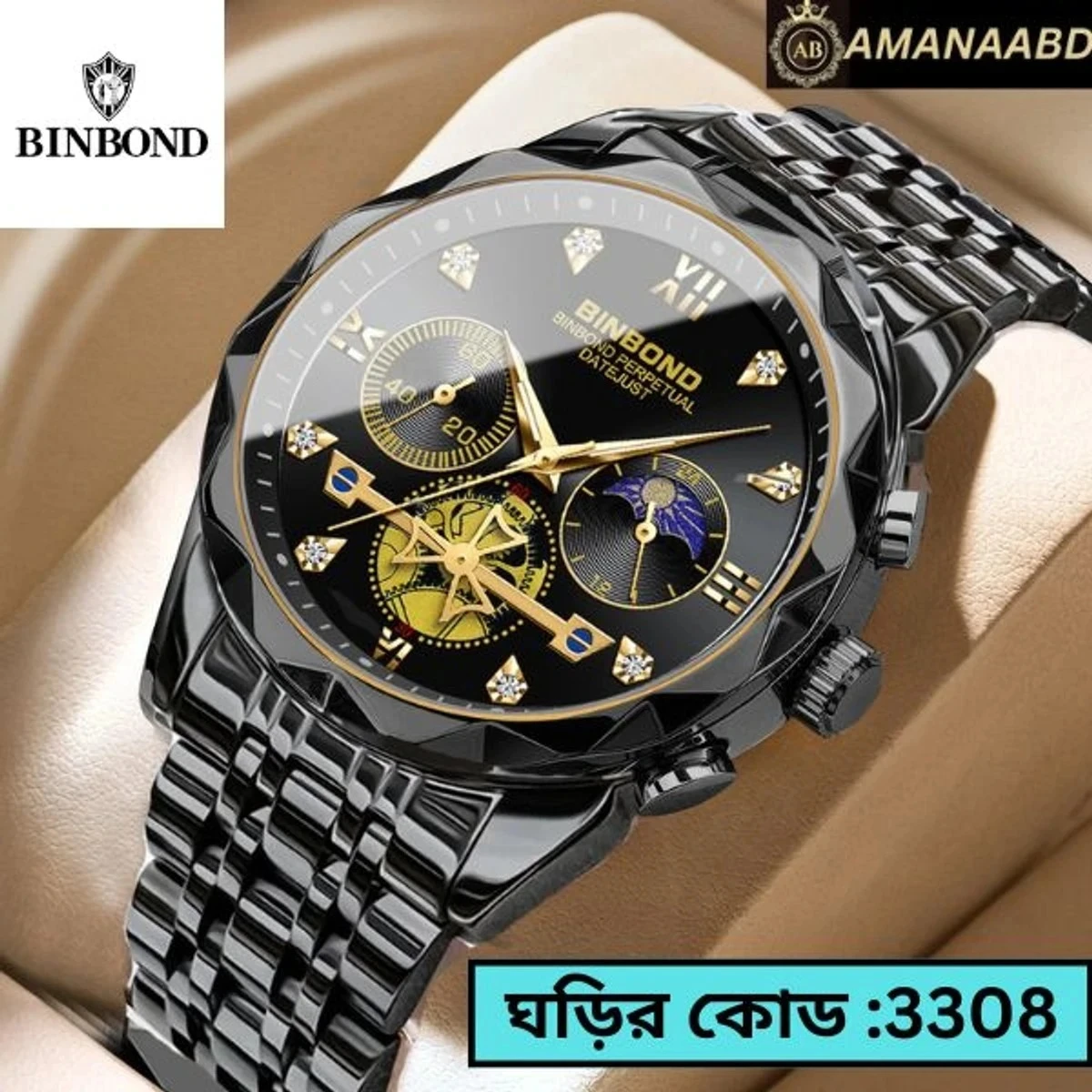 BINBOND Chronograph watch FULL  BLACK COLOUR WATCH FOR MEN LOCK PUSH + এক পিস ব্যাটারি ফ্রি।