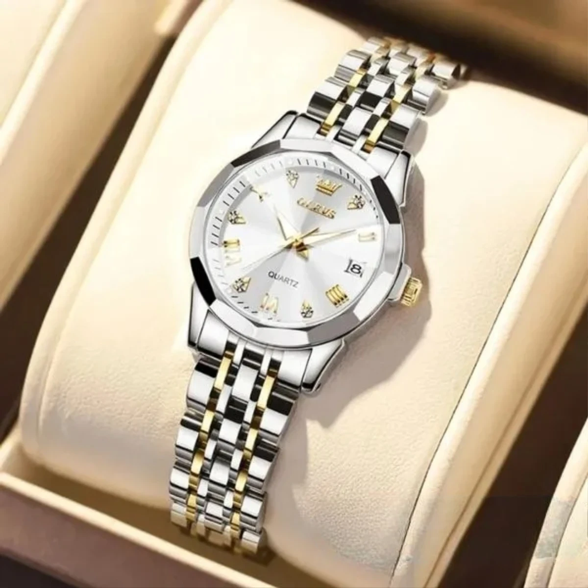 COMBO WATCH 2PS OLEVS MODEL 9931 TOTON DIAL WHITE  MAN 1PS + WOMEN 1PS - 2 পিস ব্যাটারি ফ্রি।