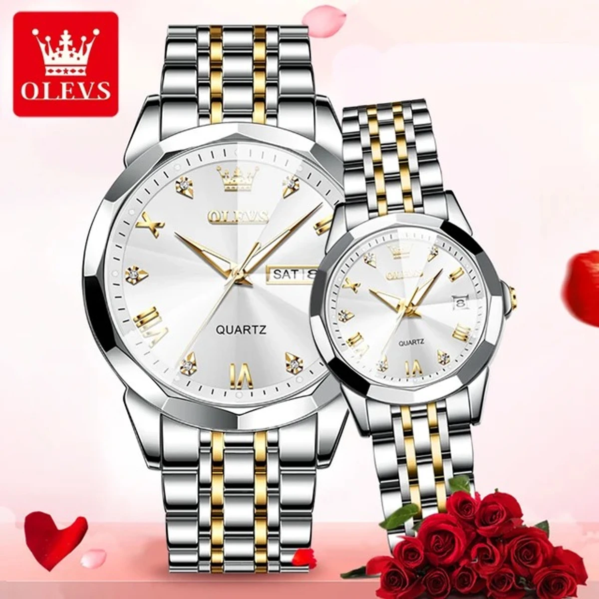 COMBO WATCH 2PS OLEVS MODEL 9931 TOTON DIAL WHITE  MAN 1PS + WOMEN 1PS - 2 পিস ব্যাটারি ফ্রি।