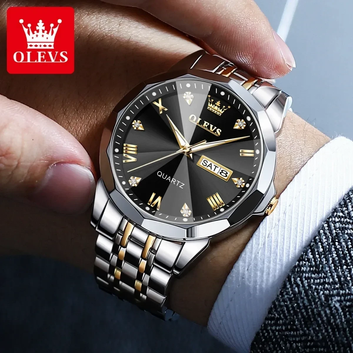 COMBO WATCH 2PS OLEVS MODEL 9931 TOTON DIAL BLACK MAN 1PS + WOMEN 1PS - 2 পিস ব্যাটারি ফ্রি।
