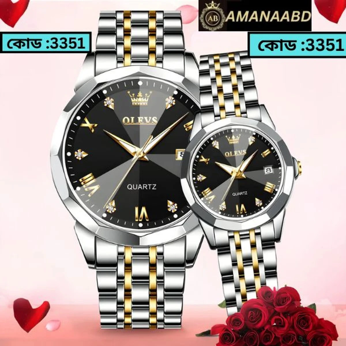 COMBO WATCH 2PS OLEVS MODEL 9931 TOTON DIAL BLACK MAN 1PS + WOMEN 1PS - 2 পিস ব্যাটারি ফ্রি।