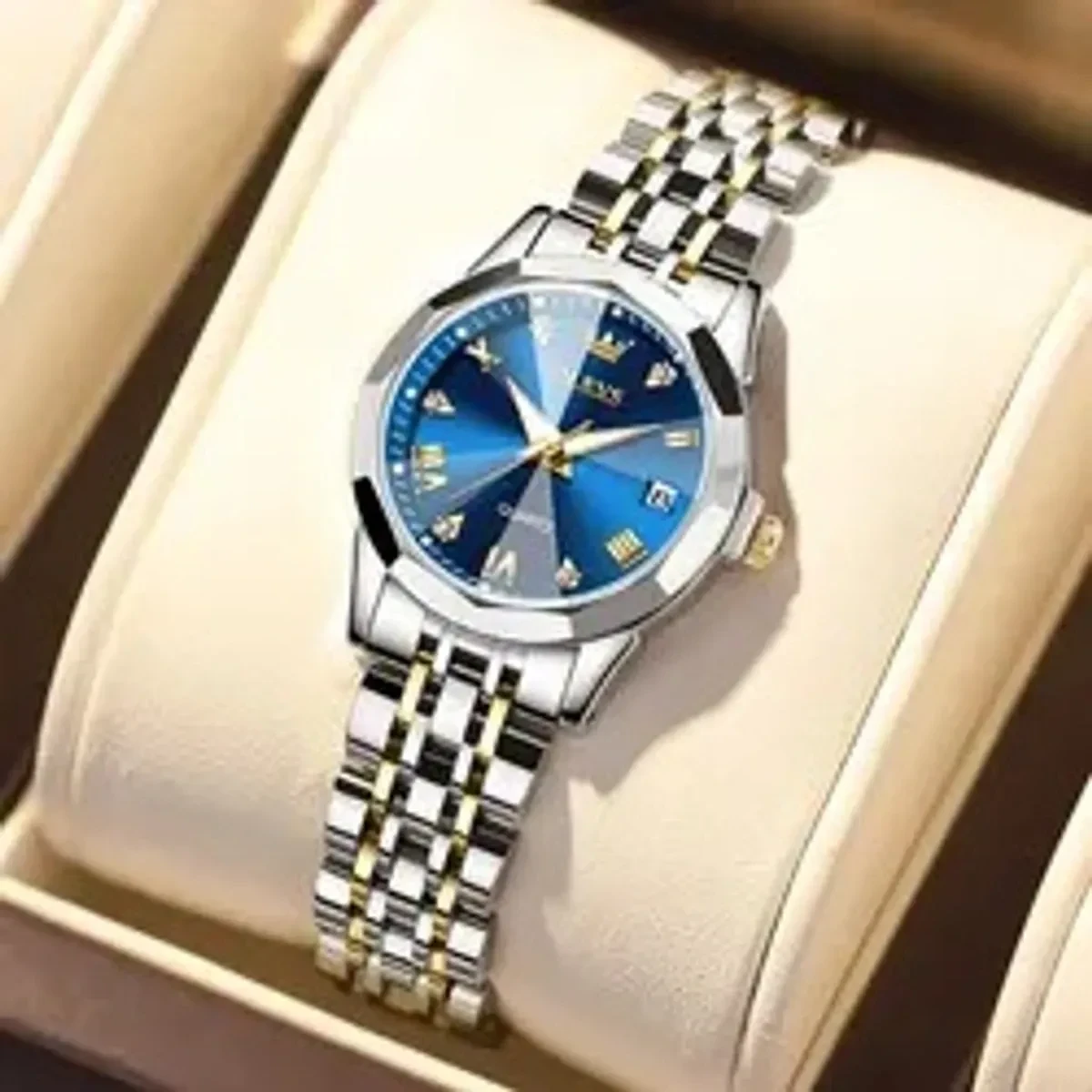 COMBO WATCH 2PS OLEVS MODEL 9931 TOTON DIAL BLUE MAN 1PS + WOMEN 1PS - 2  পিস ব্যাটারি ফ্রি।