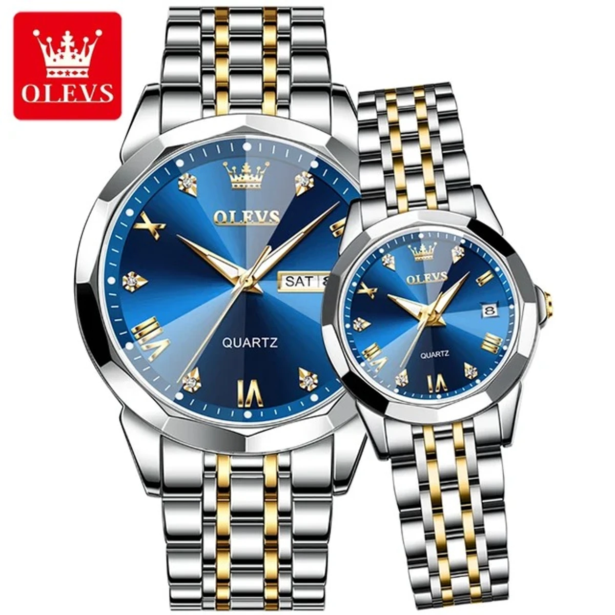 COMBO WATCH 2PS OLEVS MODEL 9931 TOTON DIAL BLUE MAN 1PS + WOMEN 1PS - 2  পিস ব্যাটারি ফ্রি।