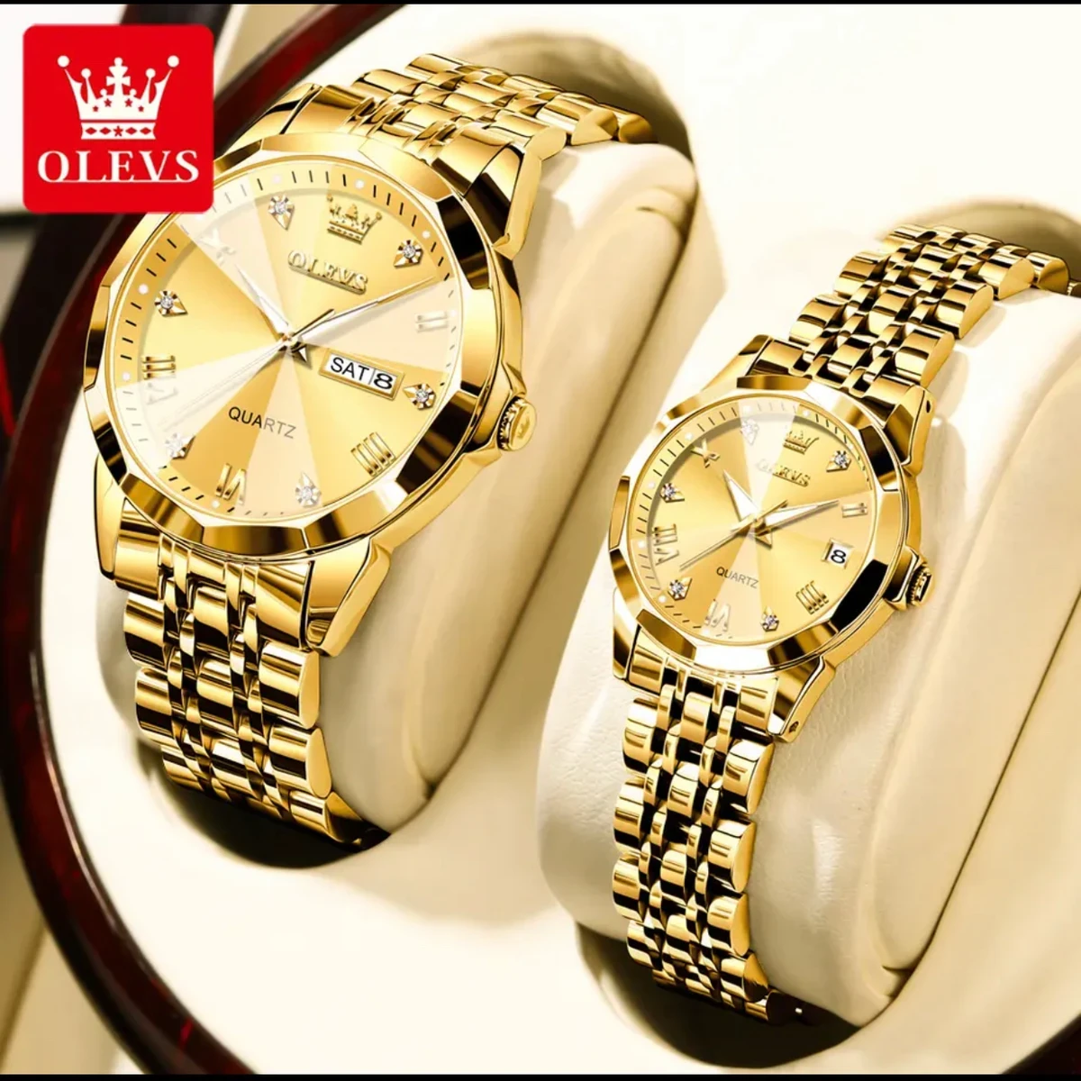 COMBO WATCH 2PS OLEVS MODEL 9931  FULL GOLDEN COLOUR  MAN 1PS WATCH  + WOMEN 1PS WATCH -   এক পিস ব্যাটারি ফ্রি।