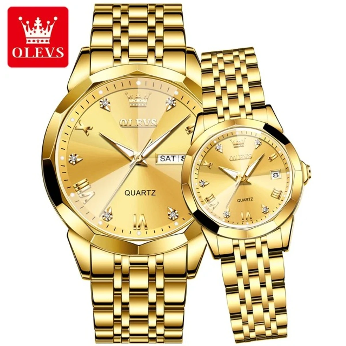 COMBO WATCH 2PS OLEVS MODEL 9931  FULL GOLDEN COLOUR  MAN 1PS WATCH  + WOMEN 1PS WATCH -   এক পিস ব্যাটারি ফ্রি।