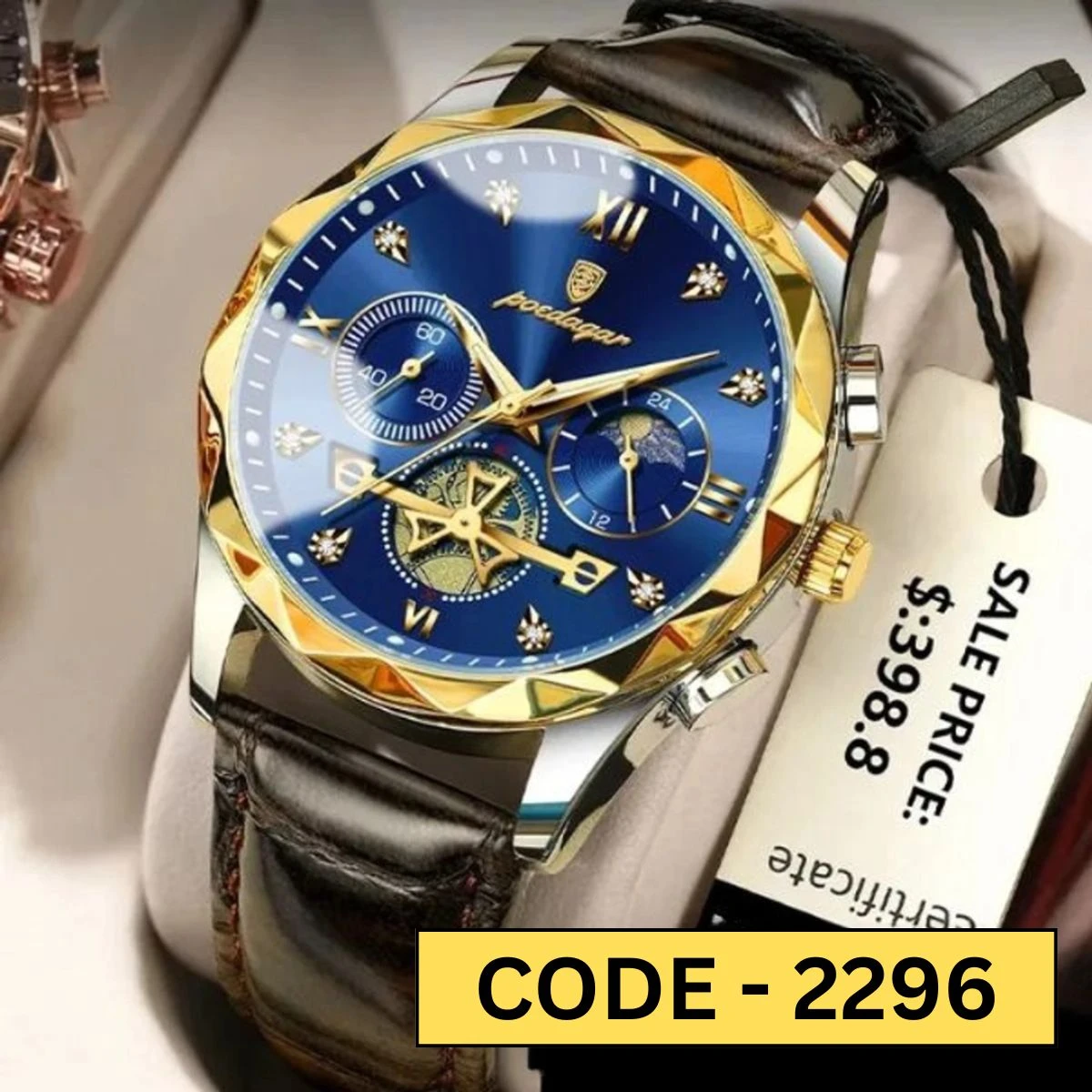POEDAGAR 996  MODEL WATCH BELT BROWN ROUND GOLDEN DIAL BLUE COLOUR WATCH + এক পিস ব্যাটারি ফ্রি।