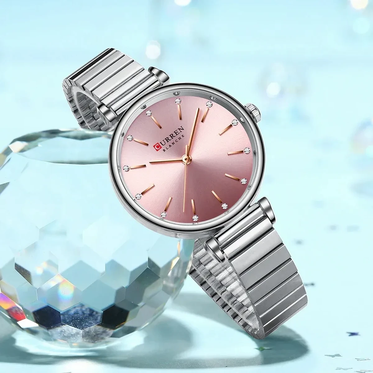 Curren Women Watch  Model 9081 Silver Chain Dial Pink Colour  Watch For Ladis